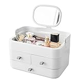 Tragbare Make Up Organizer Kosmetik Aufbewahrung mit 3 Schubladen,Kosmetische Aufbewahrungs Box Mit Tragegriff & Spiegel,Makeup Box Beauty Organizer für Schminktisch Bad Schlafzimmer Geschenk,Weiß