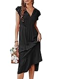 JIER Womens Sommer Casual V-Ausschnitt Rüschen Ärmel Smocked High Taille Midi Kleid A Linie Strand Sonne Kleider (Black,XL,XL)