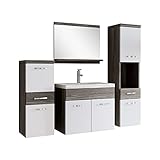 Badezimmer Badmöbel Set Alba 60cm Waschbecken Grau Eiche mit Weiß - Unterschrank Hochschrank Waschtisch Möbel