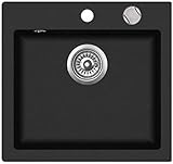 VBChome Spülbecken 50 x 47 cm Schwarz Granit Spüle Einzelbecken Küche Einbauspüle Verbundspüle Küchenspüle gesprenkelt Spülbecken Siphon