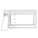 EVURU 90 * 200cm Kinderbett mit Lattenrost Kiefernholz Etagenbett aus mit Leiter und Rausfallschutz Bettgestell mit Rutsche und Regal (Weiß)