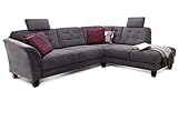 Cavadore Ecksofa Trond mit Ottomane rechts / Federkern-Sofa im Landhausstil mit 2 Kopfstützen und Vorziehsitz mit Bettkasten / 260 x 89 x 214 / Webstoff grau