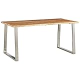 BULANED Esstisch, Esszimmertisch, Baumkantentisch, Dining Tables, Esszimmermöbel, Küchentisch, 160×80×75 cm Akazie Massivholz und Edelstahl