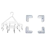 YHJZSM 1 x Stahl-Aufhänger mit 20 Clips für Unterwäsche, Socken, Schals, Handtücher, Wäscheständer, silberfarben und 4 Stück transparenter Kunststoff-Sicherheitsschutz für weiche Tisch- u