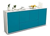 Stil.Zeit Sideboard Eli - Korpus Weiss matt - Front Lagunenblau (180x79x35cm) Push-to-Open Technik