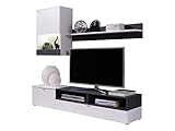 Wohnwand Andreas, elegantes Wohnzimmer-Set als Anbauwand, griffloses Öffnen, bestehend aus TV-Lowboard, Hängevitrine, Wandregal mit viel Stauraum (weiß / kiefer dunkel, mit weißer LED Beleuchtung)