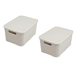 BranQ - Home essential Deckel Korb in Rattan Design 2er Set Grösse M 10l, Kunststoff PP, Creme, 10 l