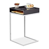 Relaxdays Beistelltisch, C-Form, HBT: 63x37x38 cm, Sofatisch zum Unterschieben, MDF & Metall, Ablagefach, schwarz/Silber