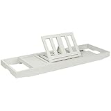 ONVAYA® Badewannenablage aus Bambus-Holz | ausziehbares Badewannenbrett | Badewannentablett mit Halterungen für Buch, Handy & Weinglas (Weiß)