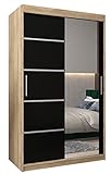 KRYSPOL Schwebetürenschrank Verona 2-120 cm mit Spiegel Kleiderschrank mit Kleiderstange und Einlegeboden Schlafzimmer-Wohnzimmerschrank Schiebetüren Modern Design (Sonoma + Schwarz)