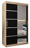 KRYSPOL Schwebetürenschrank Verona 2-120 cm mit Spiegel Kleiderschrank mit Kleiderstange und Einlegeboden Schlafzimmer-Wohnzimmerschrank Schiebetüren Modern Design (Sonoma + Schwarz)