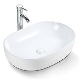 HOROW Aufsatzwaschbecken Oval - Waschbecken Bad - Waschbecken Gäste wc - Waschtisch ohne Überlauf- Aufsatzwaschbecken aus Keramik 590 × 410 × 145 mm - Weiß - Modern Handwaschbecken