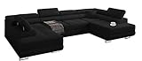 Ecksofa Miami U mit Schlaffunktion, Eckcouch mit Bettkasten, U Form Couch, Ecksofa mit Bettkasten, Sofagarnitur mit Schalffunktion, 338 x 203 cm (Schwarz + Schwarzer Kunstleder -EKO)