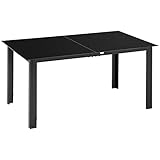 Outsunny Gartentisch, Garten Esstisch für 6 Personen, Terrassentisch mit Glastischplatte, Partytisch aus Alu, Balkontisch, Schwarz, 150 x 90 x 74 cm