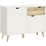 HOMCOM Sideboard Kommode Aufbewahrungsschrank Beistellschrank mit Schublade Küchenschrank Wohnzimmerschrank mit Kippschutz für Esszimmer Schlafzimmer Spanplatte Weiß+Naturholz 98,5 x 39 x 79,5cm