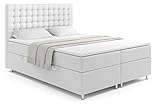 ALTDECOR Boxspringbett mit H3Matratze (20 cm hoch) mit Bonellfederung, Kunstlederbett, Topper (4 cm hoch), Polsterbett mit Kopfteil und Bettkasten 160x200 Weiß Madryt 920