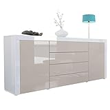 Vladon Sideboard Kommode La Paz, Korpus in Weiß Hochglanz/Front in Sandgrau Hochglanz mit Rahmen in Weiß Hochglanz