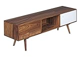 möbelando TV Lowboard REPA 140 cm Massiv-Holz Sheesham Landhaus 2 Türen & Fach | HiFi Regal braun/weiß 4 Füße | Fernseher Kommode Vintage