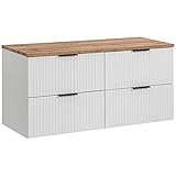 Lomadox Badmöbel Waschtisch-Unterschrank 120 cm weiß matt mit gerilllter Front, Wotaneiche, Waschbecken Badschrank mit 4 Softclose-Auszügen, B/H/T 120,6/59,2/46,5 cm