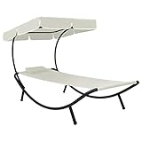 ZEYUAN Garten-Sonnenliege mit Sonnendach & Kissen, Gartenliege, Liegestuhl, Sonnenstuhl, Sonneninsel Outdoor, Liegen, Gartenmöbel, Bäderliege, Relaxliege, Cremeweiß