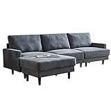 Modular 3-Sitzer Sofa Couch, Leinen Stoff/Textil, 266 x 79 x 84 cm, Bigsofa L Form XXL mit Chaiselongue für Wohnzimmer, Dunkelgrau