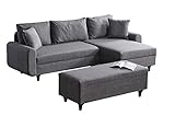 Gozos Palencia Sitzgruppe Ecksofa + Hocker | Bettfunktion Couch besteht aus Dicht gewebter Leinenstoff | Gästebettfunktion | L-Form Schlafcouch Sofa Beidseitg montierbar, 235 x 125 x 72 cm | Grau