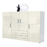 Vladon Highboard Nora 166,5 x 106,5 x 35 cm Anrichte mit 8 Fächern und 2 Schubladen, Korpus in Weiß matt, Fronten in Creme Hochglanz