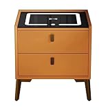 POCHY Intelligenter Nachttisch, Holz-Beistelltisch, kabellose Ladestation, LED-Lautsprecher, Nachttisch, USB, 2 Schubladen, Leder-Nachttisch