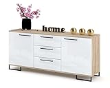 Euro Style Kommode mit Schubladen und 2 Türen Schrank Sideboard Tv Schrank für Wohnzimmer/Schlafzimmer Schubladenkommode 150x68,5x40 cm, Eiche/Weiß Hochglanz