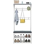 PiurUf Freistehender Flur-Garderobenständer Mit 8 Haken, Flur-Schuhregal Mit Schuhaufbewahrungsbank Für Schlafzimmer Und Wohnzimmer/80 * 172 * 30Cm White/Gray