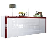 Vladon Sideboard La Paz V2, Kommode mit 2 Türen, 2 Schubkästen und 2 Klappen, Weiß Hochglanz/Weiß Hochglanz/Bordeaux Hochglanz (200 x 72 x 35 cm)