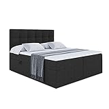 ALTDECOR Boxspringbett mit H3-Matratze (20 cm hoch) mit Bonellfederung + PUR, Topper (4 cm hoch), Polsterbett mit Kopfteil und Bettkasten 180x200 - Schwarz Inari 100