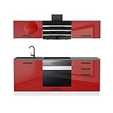 Belini Küchenzeile Küchenblock Sophia - Küchenmöbel 180 cm Einbauküche ohne Elektrogeräten mit Hängeschränke und Unterschränke, mit Arbeitsplatten, Rot Hochglanz