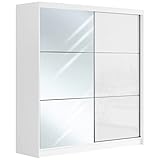 MKS MEBLE Kleiderschrank mit Spiegel 200 cm - Schwebetürenschrank Flurschrank Wardrobe - Schlafzimmerschrank Sammlung Valencia - Weiß-Weiß mit Spiegel - Modern Design