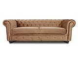 Sofa Chesterfield Asti 3-Sitzer, Couch 3-er, Glamour Design, Couchgarnitur, Sofagarnitur, Holzfüße, Polstersofa - Wohnzimmer, Velours (Beige (Velvet 28))