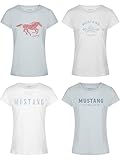 MUSTANG Damen T-Shirt 4er Pack Slim Fit Rundhals O-Neck Basic Kurzarm Logo Print Sommer Shirt 100% Baumwolle Weiß Blau Grün Rot S M L XL XXL, Größe:L, Farbe:Farbmix 3