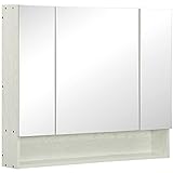 kleankin Spiegelschrank für Badezimmer mit verstellbaren Regalböden, 3 Türen und Schränke, aus MDF und Glas, 90 x 15 x 75 cm, Weiß
