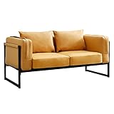 OFCASA 2 Sitzer Sofa Gepolstert Kunstleder Couch mit Metallrahmen und Kissen Sofa für Wohnzimmer Büro Garten, 145 x 65 x 65 cm Gelb