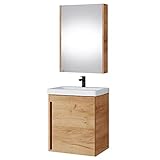 Planetmöbel Waschtisch + Spiegelschrank Badmöbel Set 50cm für Badezimmer WC (Gold Eiche)