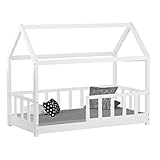 Homestyle4u 2048, Kinderbett mit Lattenrost Hausbett mit Rausfallschutz 80x160 cm Weiß Holz Kiefer