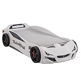 Coemo Autobett 90x200 cm Turbo GT3 Weiß mit Namensschild Kinderbett inkl. Lattenrost Rennauto-Design Jugendbett