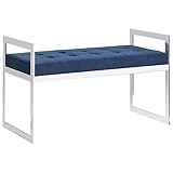 Makastle Esszimmerbank gepolsterte Sitzbank Küchenbank Sitzbank Betthocker Sitzhocker Garderobenbank Flurbank Beistellbank Polsterbank für Esszimmer Wohnzimmer Flur, 97 cm Blau Samt und Edelstahl