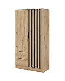 Schlafzimmerschrank mit 2 Drehtüren und 2 Schubladen Latten aus Holz LoftStyle Industrieschrank Aufbewahrungsschrank Kleiderschrank (Stange) mit Einlegeböden (BxHxT) 105 x 200 x 51 cm JOHN 2DEiche