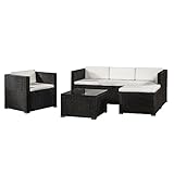 Juskys Polyrattan Lounge Punta Cana L wetterfest mit Sofa, Sessel, Hocker, Tisch & Kissen - 4-5 Personen - Gartenlounge Gartenmöbel Set schwarz/Creme