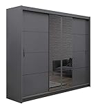 Furniture24 Kleiderschrank Porto II 250 Schlafzimmer 3 Türiger Schwebetürenschrank Schrank mit Kleiderstange 8 Einlegeboden 2 Schubladen und Spiegel Schiebetür Graphite/Graphite Glas