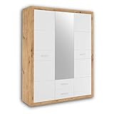 Stella Trading STONE Eleganter Kleiderschrank mit viel Stauraum & Spiegeltür - Vielseitiger Drehtürenschrank in Artisan Eiche Optik & Weiß - 151 x 198 x 55 cm (B/H/T)
