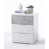 Universal Nachttisch in Weiß Betonoptik - Moderner Nachtschrank mit drei Schubladen für Ihr Boxspringbett - 46 x 61 x 42 cm (B/H/T)