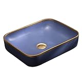 Badezimmer-Waschbecken, 52,9 x 39,9 cm, rechteckiges Badezimmer-Waschbecken, goldener Rand, Porzellan-Keramik-Aufsatzwaschbecken, Waschbecken, Kunstwaschbecken, ideal für Badezimmer-Waschbecken zu Ha