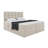 MEBLINI Boxspringbett mit Bettkasten - Gepolstert Doppelbett mit Matratze und Topper - Polsterbett mit Stauraum - Bett mit Kopfteil - Stauraumbett - NILS - 180x200 - H3/Beige Webstoff