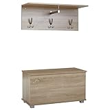 Wohnling Garderobe mit Schuhtruhe Sonoma Eiche Design Garderobenleiste Modern | Wandgarderobe Set Flur | Garderobenpaneel mit Ablage | Flurgarderobe Holz